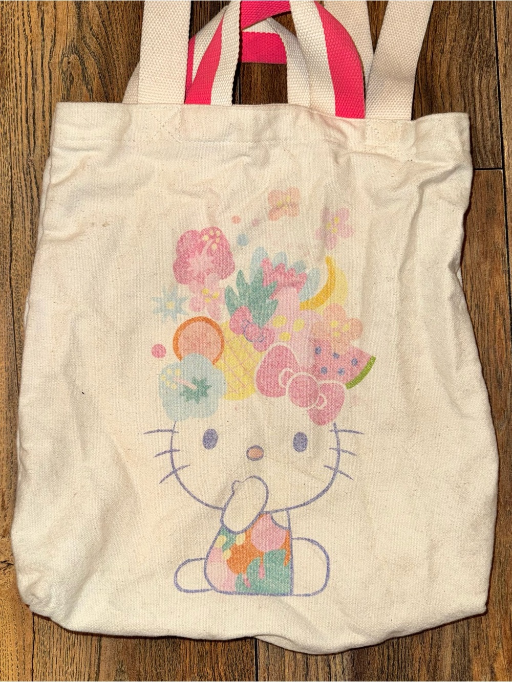 Hello Kitty Cream Canvas Tote with Pink Handles and Pastel Multicolor Print